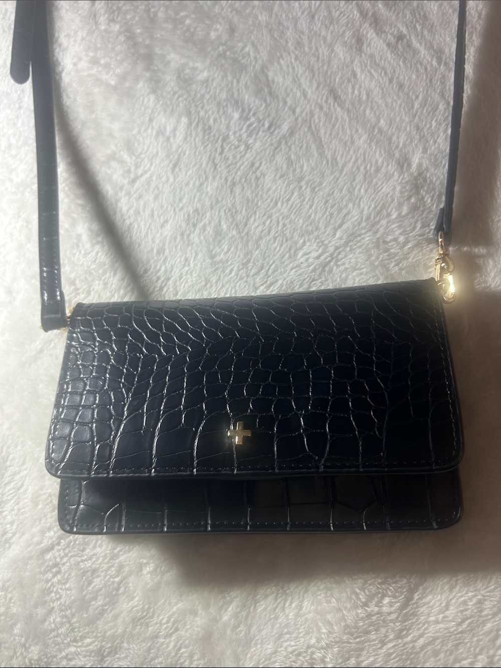 Croc-Textured Black Crossbody Bag with Gold Accent